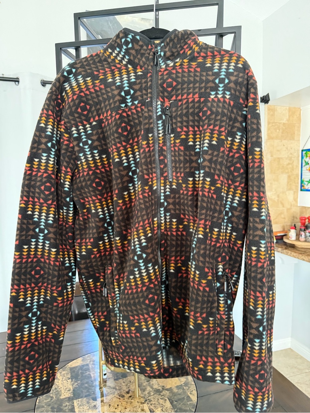Men's Brown Geometric Zip-Up Fleece Jacket